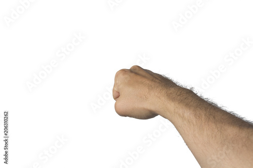Male Right hand clenched in fist beats the left direct kick of Jeb on a white background. View from the eyes, from the first person photo