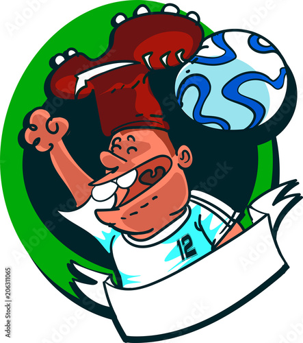 soccer fan with crampon and  football ball shaped hat cartoon style vector illustration.