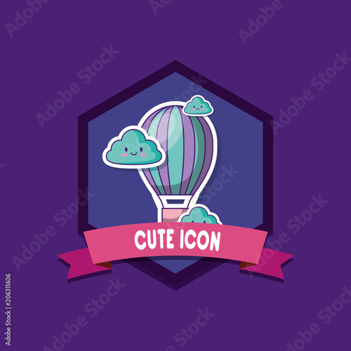 emblem with hot air balloon icon over purple background, colorful design. vector illustration