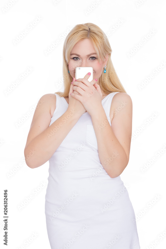 Beauty stylish woman with phone in her hands. White Background. Summer style Beauty stylish woman with phone in her hands. White Background. Summer style