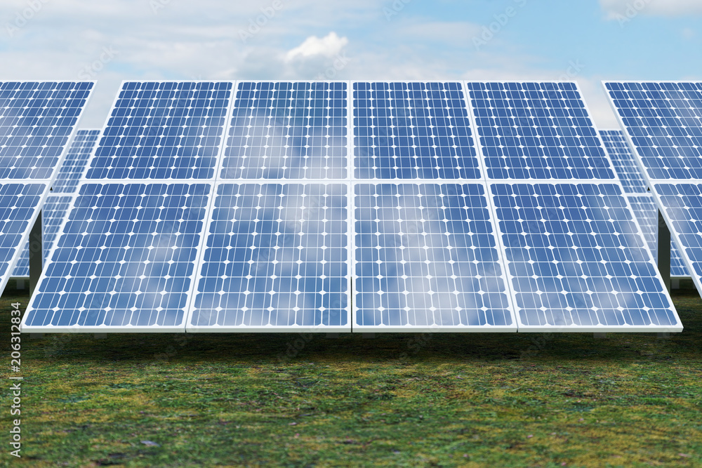 3D rendering solar power generation technology. Alternative energy. Solar battery panel modules with blue sky