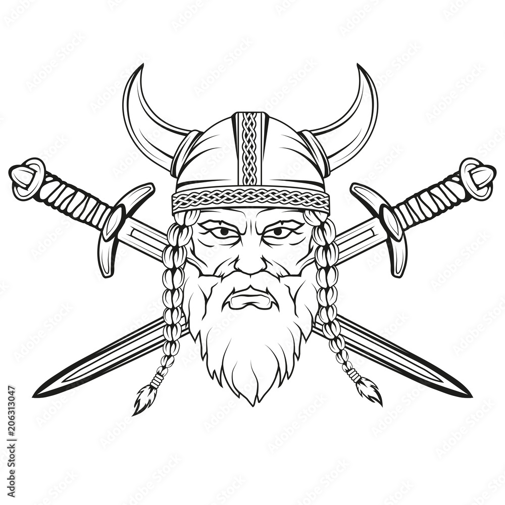Viking. Hand drawn of a viking in a helmet with ornament. Sketch of viking  head with traditional weapons. Vector artwork. Stock Vector | Adobe Stock
