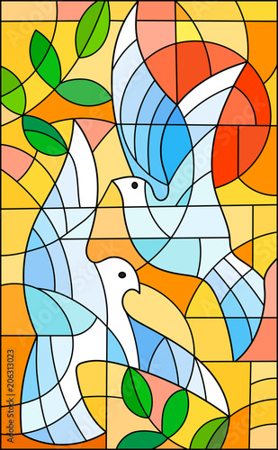 Illustration in stained glass style with abstract pigeons, the sun and branches n bright orange sky 