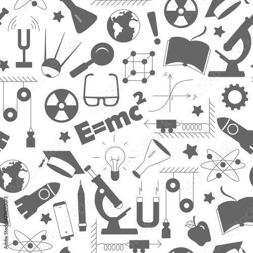 Seamless pattern on the theme of the subject of physics education, simple dark silhouettes of icons on white background
