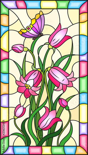 Illustration in stained glass style with leaves and bells flowers, pink flowers and butterfly on yellow  background in a bright frame 