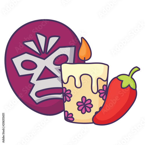 wrestler mask with candle and chili pepper over white background, vector illustration