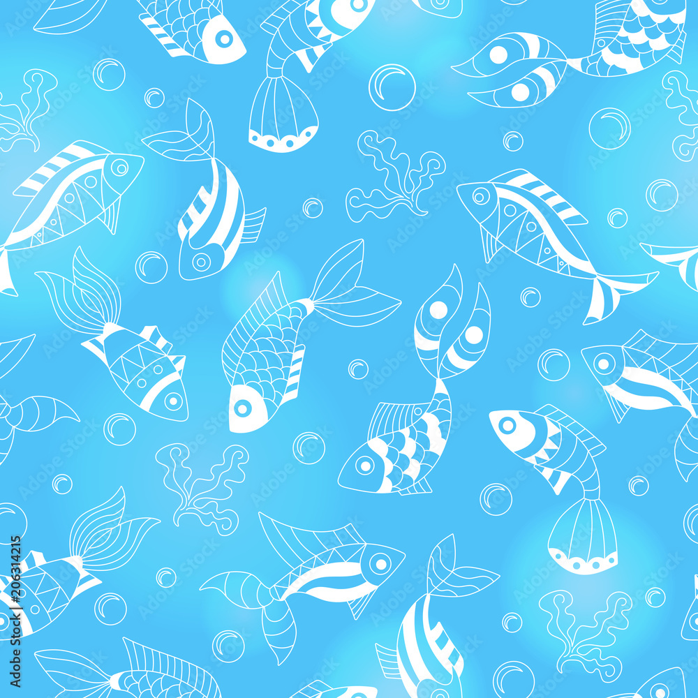 Seamless pattern with different simple fish, simple outline light fish contours on blue background Seamless pattern with different simple fish, simple outline light fish contours on blue background