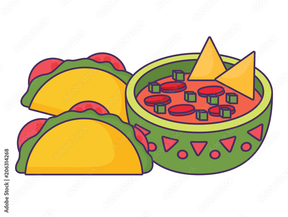 Mexican tacos and sauce bowl over white background, colorful design. vector illustration Mexican tacos and sauce bowl over white background, colorful design. vector illustration