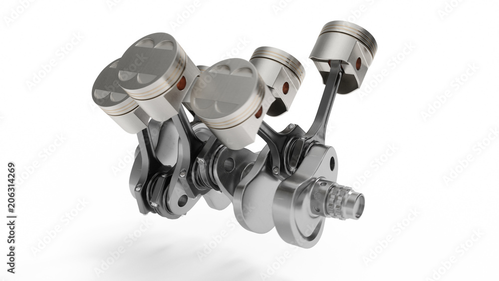 3d rendering of an internal combustion engine. Engine parts, crankshaft, pistons, fuel supply system. V6 engine pistons with crankshaft isolated on white. Illustration of car engine inside. 3d rendering of an internal combustion engine. Engine parts, crankshaft, pistons, fuel supply system. V6 engine pistons with crankshaft isolated on white. Illustration of car engine inside.