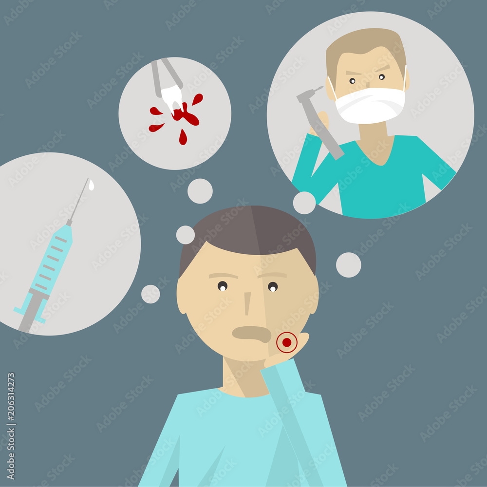 Fear of the dentist. Toothache. Man is afraid of dentist.Vector illustration. Fear of the dentist. Toothache. Man is afraid of dentist.Vector illustration.