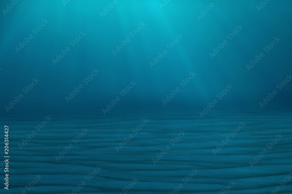 Underwater blue background in sea, ocean, with volume light. 3d rendering