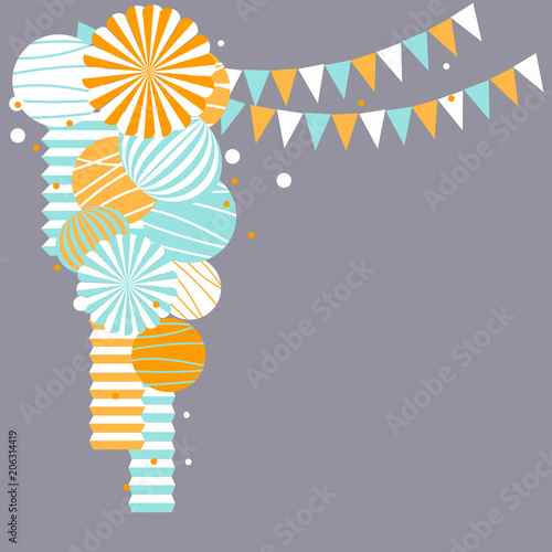  Vector background with paper Pom Poms, lanterns and garlands.