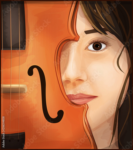 Face drawing. Girl and the violin. Face. Vector girl. Face vector. Beautiful girl. Musical instrument