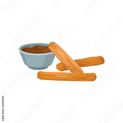 Sweet homemade churros with chocolate dipping sauce. Delicious Mexican snack. Flat vector design for cafe menu or poster