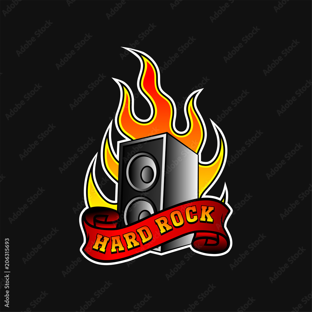 Subwoofer in hot orange flame and red ribbon with text Hard Rock . Music theme. Vector element for sticker, poster or banner Subwoofer in hot orange flame and red ribbon with text Hard Rock . Music theme. Vector element for sticker, poster or banner