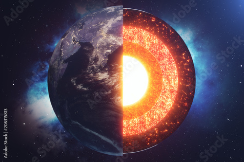 Structure core Earth. Structure layers of the earth. The structure of the earth's crust. Earth cross section in space view. Elements of this image furnished by NASA. 3D rendering.