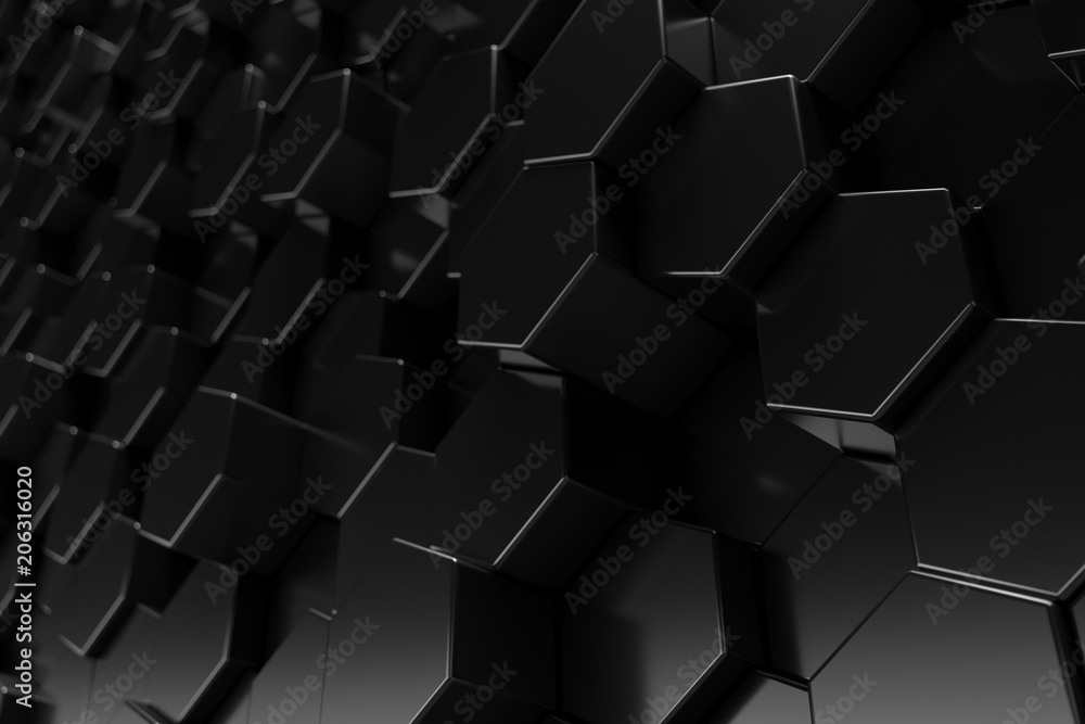 Abstract geometric surface. Hexagonal black background. 3D Rendering Abstract geometric surface. Hexagonal black background. 3D Rendering