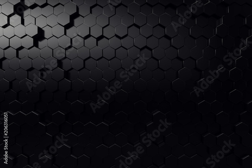 Abstract geometric surface. Hexagonal black background. 3D Rendering © rost9