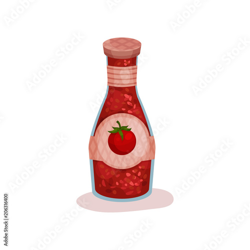 Delicious tomato sauce in glass bottle with label. Tasty condiment for dishes. Flat vector design for promo poster or flyer