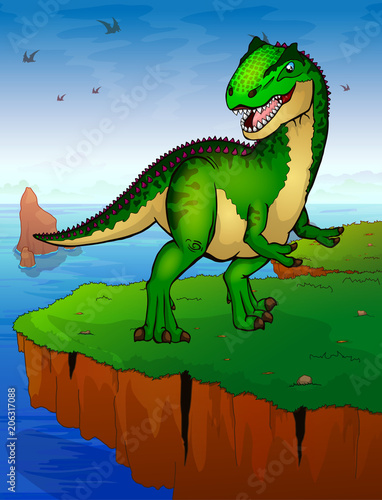 Allosaurus on the background of the sea. Vector illustration.