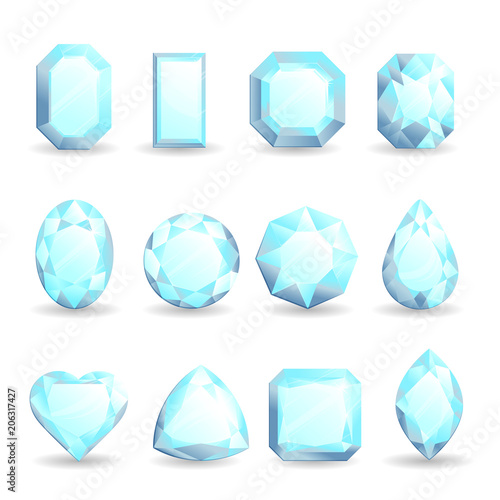 Set of realistic bright gemstones. Diamond of different forms isolated on white background.