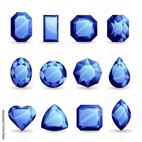Set of realistic navy blue gemstones. Sapphire of different forms isolated on white background.