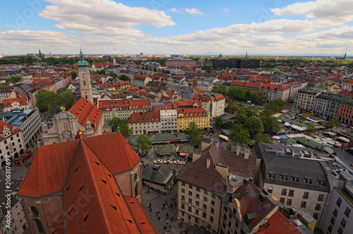 Fototapeta Naklejka Na Ścianę i Meble -  Munich, Germany-APRIL 30, 2018: Historical center panoramic aerial cityscape. Heiliggeist Church (Heiliggeistkirche). The Viktualienmarkt is a daily food market and a square in the center