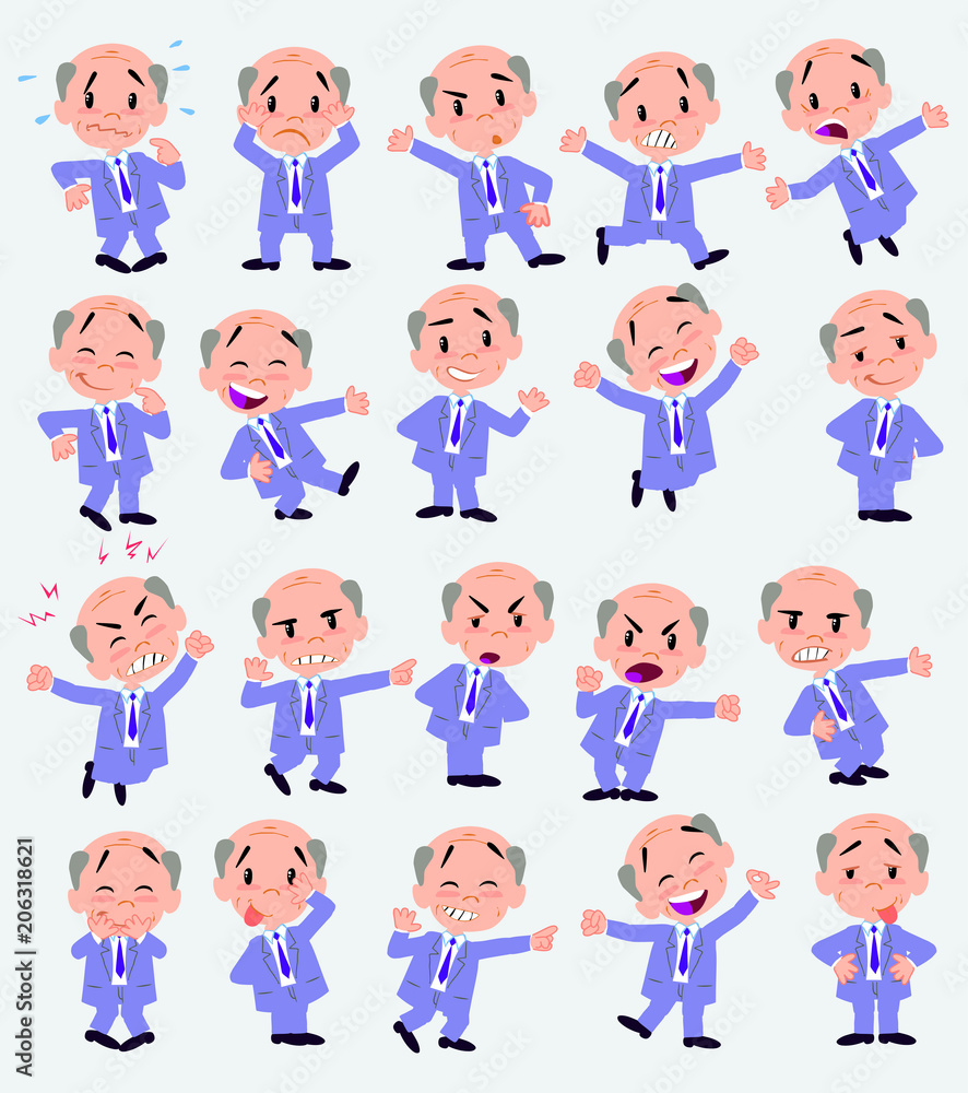 Cartoon character old businessman. Set with different postures, attitudes and poses, doing different activities in isolated vector illustrations.