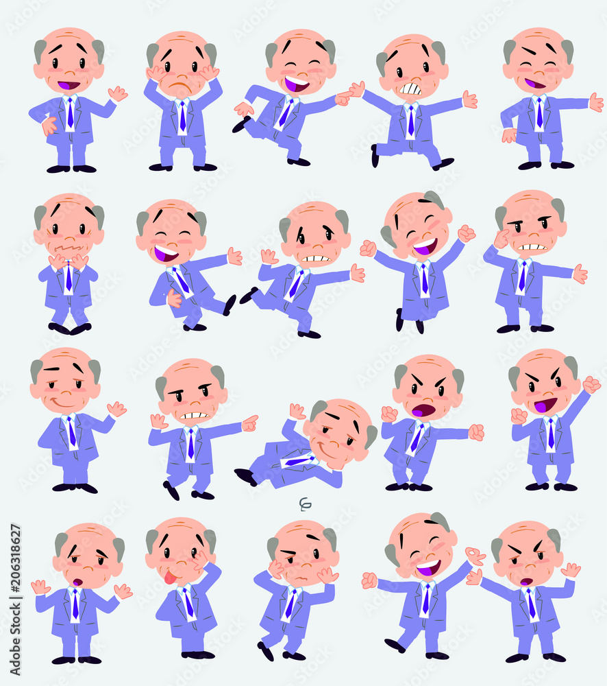 Cartoon character old businessman. Set with different postures, attitudes and poses, doing different activities in isolated vector illustrations.