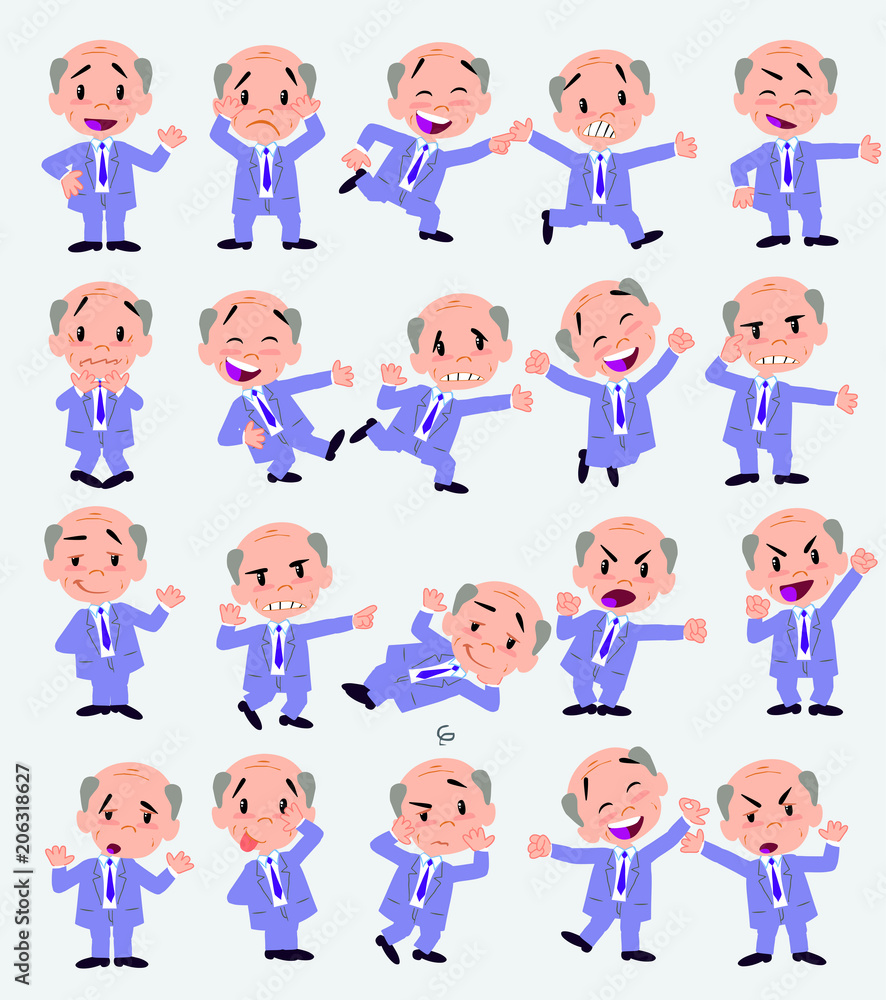 Cartoon character old businessman. Set with different postures, attitudes and poses, doing different activities in isolated vector illustrations. Cartoon character old businessman. Set with different postures, attitudes and poses, doing different activities in isolated vector illustrations.