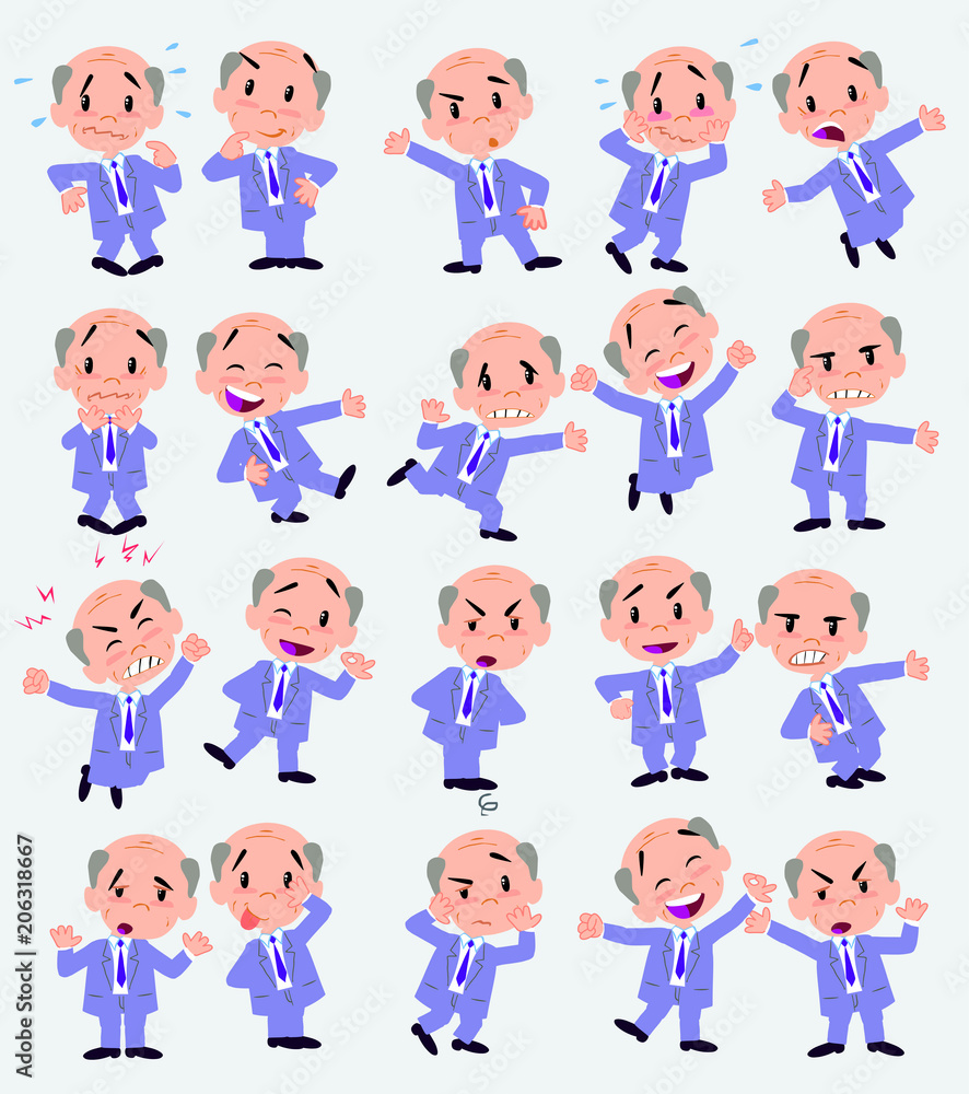 Cartoon character old businessman. Set with different postures, attitudes and poses, doing different activities in isolated vector illustrations.