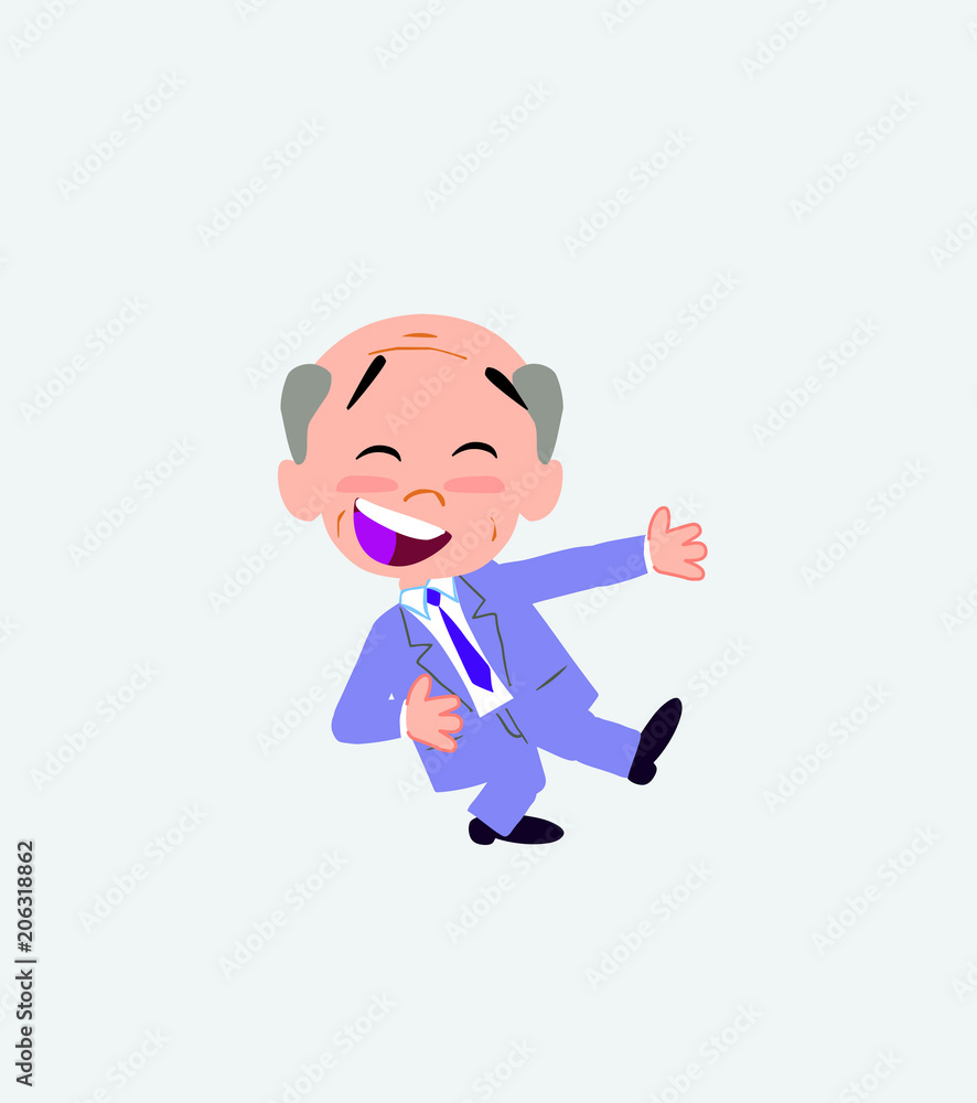 Old businessman laughing while teaching something to his left. 