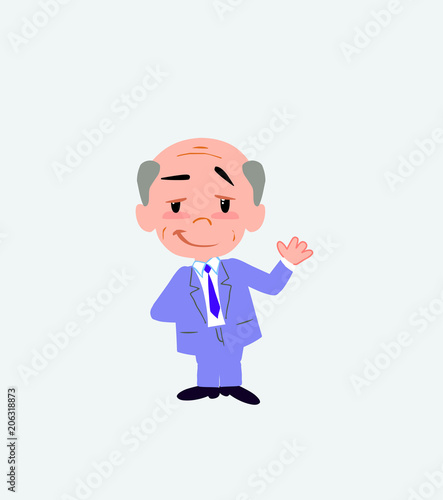 Old businessman waving with a dreamy expression.