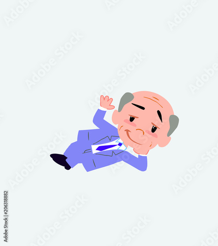 Old businessman lying, greets with a dreamy expression.