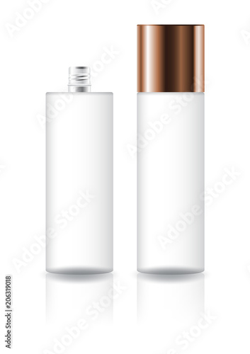 Blank clear cosmetic cylinder bottle with copper screw lid for beauty product packaging. Isolated on white background with reflection shadow. Ready to use for package design. Vector illustration.