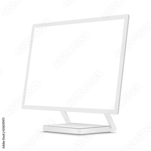 White computer monitor mockup with perspective 3/4 right view. Showcase your apps, websites, tools and other digital projects placed in realistic desktop pc. Vector illustration