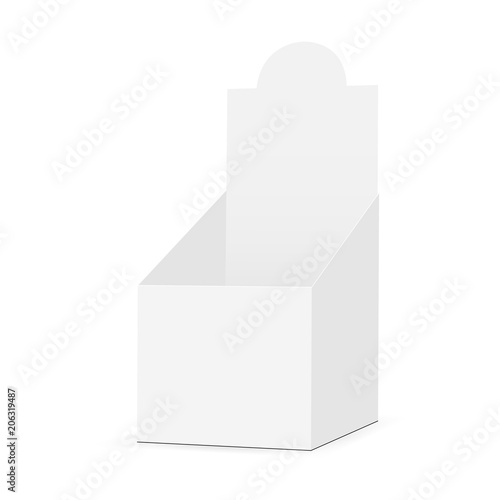 Opened empty display box mock up isolated on white background - half side view. Vector illustration
