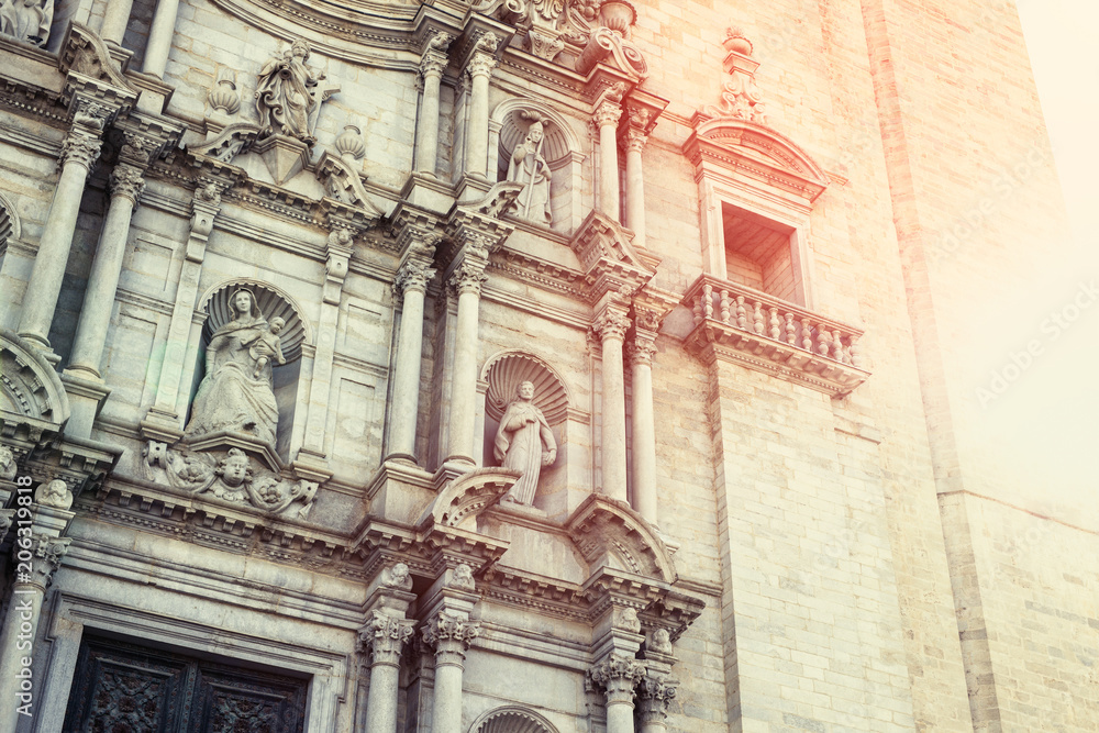 Detail of the great facade of Girona Cathedral, Spain.