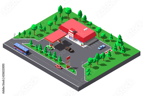 Vector Isometric illustration.Gas station and mini-market near highway road