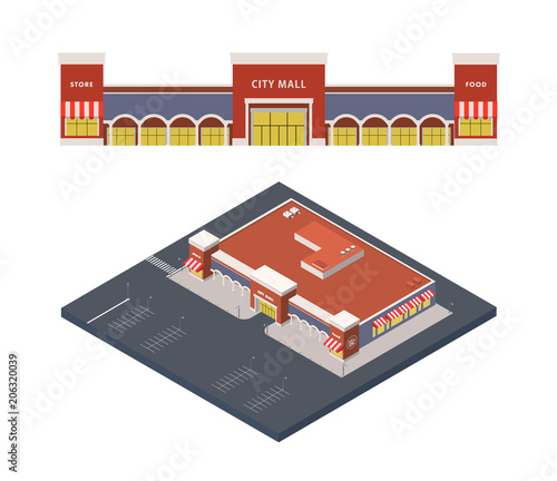 Vector Isometric illustration of shopping centre, city mall with parking lot
