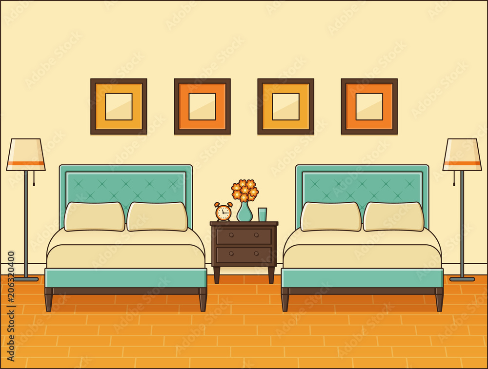 Bedroom interior with two beds. Hotel room. Vector. Home retro space in  flat design. Outline modern illustration. Cartoon house equipment. Vintage  animated apartment. Linear background 1960s 1970s. Stock Vector | Adobe  Stock