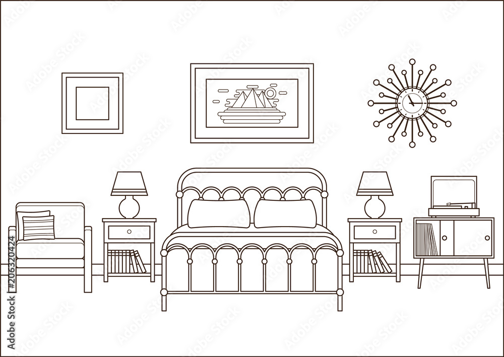Hotel room. Bedroom interior. Vector. Outline retro home space in line