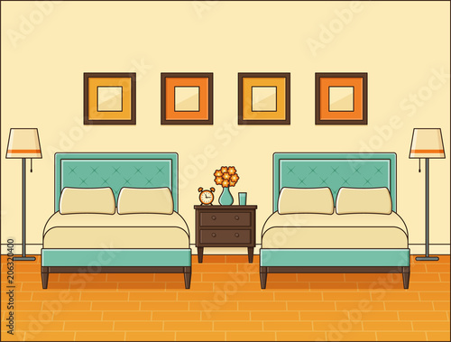 Bedroom interior with two beds. Hotel room. Vector. Home retro space in flat design. Outline modern illustration. Cartoon house equipment. Vintage animated apartment. Linear background 1960s 1970s.