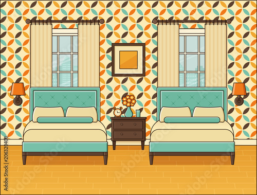 Bedroom interior. Hotel room with two beds and windows. Vector. Home retro space in flat design. Cartoon house equipment. Linear modern illustration. Vintage. Outline animated background 1970s.