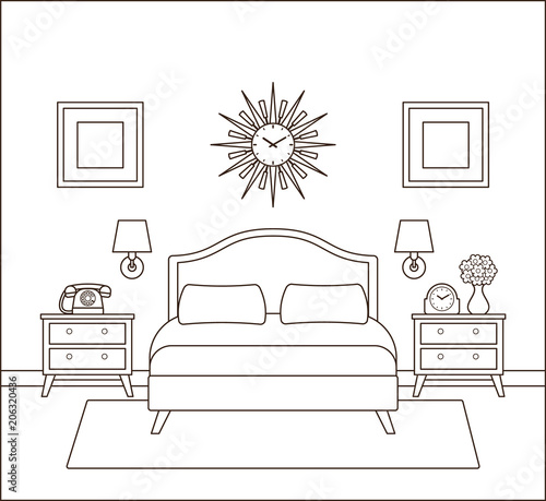 Hotel room. Bedroom interior. Vector. Outline retro home space in line art flat design. House modern illustration. Vintage apartment with bed. Linear background. Black white sketch 1960s - 1970s.