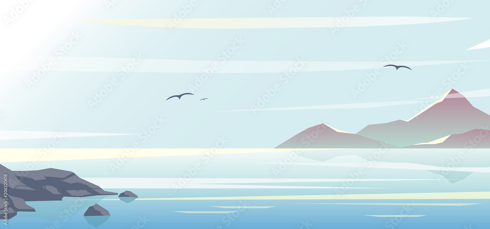 Εκτύπωση καμβά Vector illustration of beautiful blue sea, sky background and mountains, morning time, ocean in flat style and pastel colors