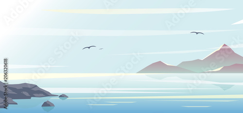Canvas Print Vector illustration of beautiful blue sea, sky background and mountains, morning time, ocean in flat style and pastel colors