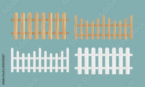 Vector illustration set of the different wood fences in natural color texture and white color.