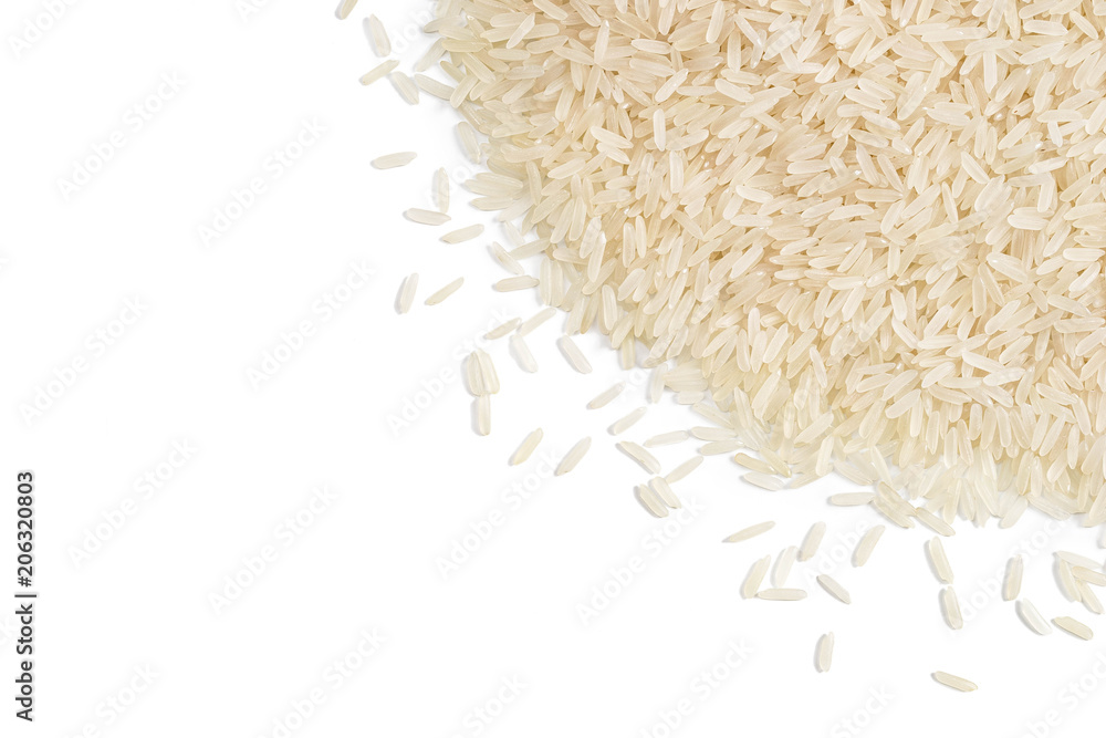 Long parboiled rice isolated on white background. Copy space for your text. Top view, high resolution product. Healthy food concept Long parboiled rice isolated on white background. Copy space for your text. Top view, high resolution product. Healthy food concept