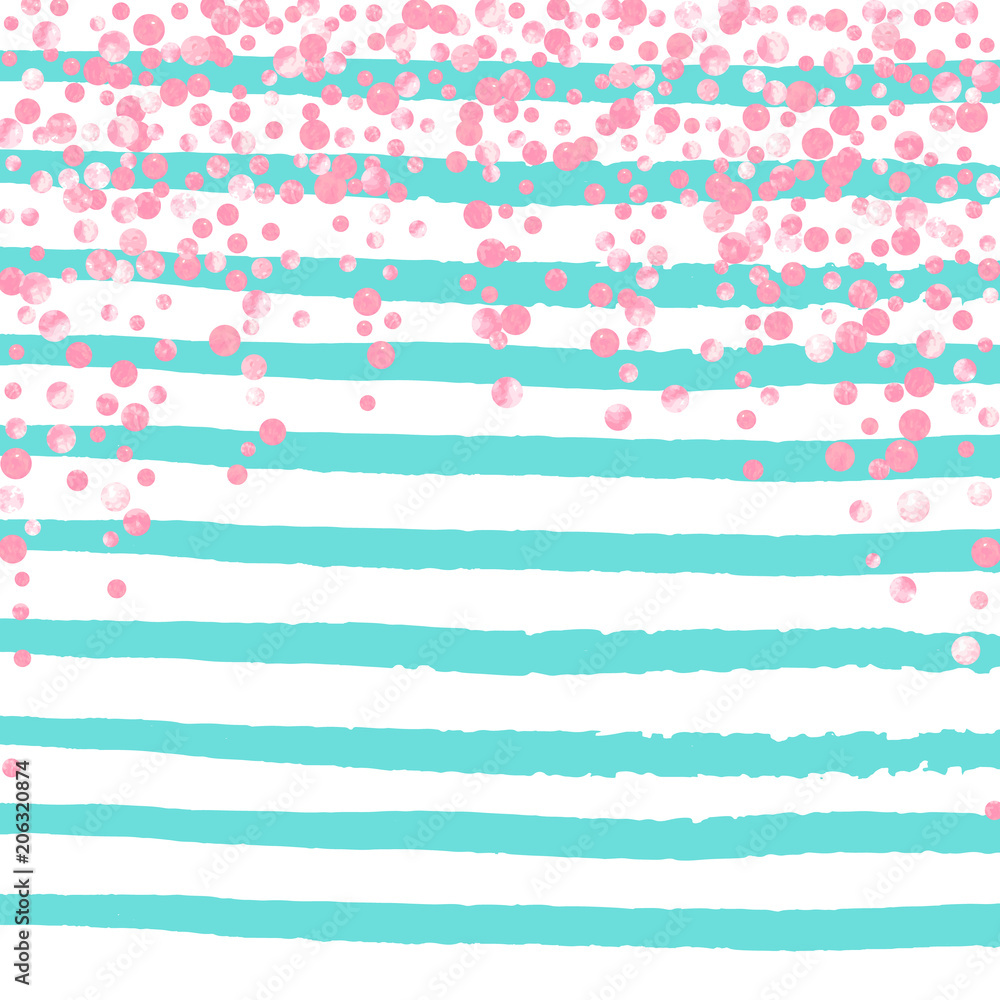 Pink glitter confetti with dots on turquoise stripes. Shiny random falling sequins with sparkles. Template with pink glitter confetti for party invitation, event banner, flyer, birthday card.